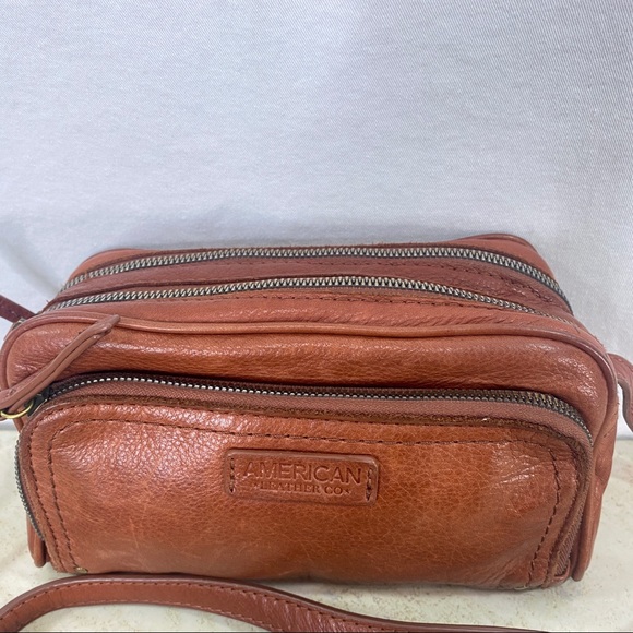 SOLD American Leather Brown Crossbody Purse Bag Adjustable Strap Cognac Tote - Picture 2 of 10